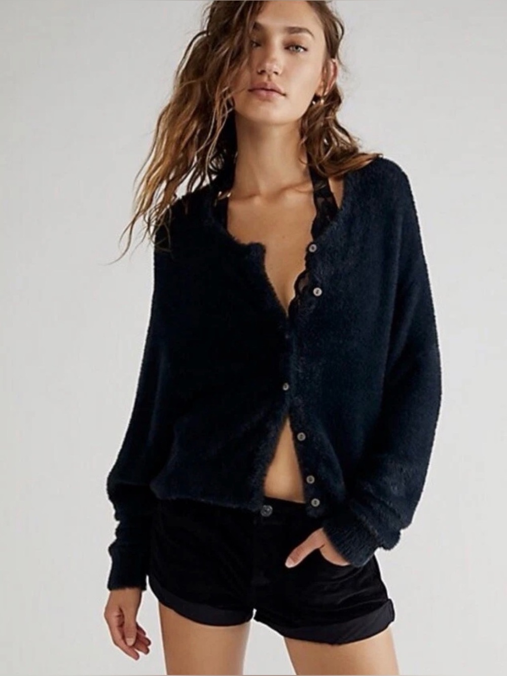 Free People FP ONE Wyatt Cardi Soft Fuzzy Button Down Cardigan Medium Black